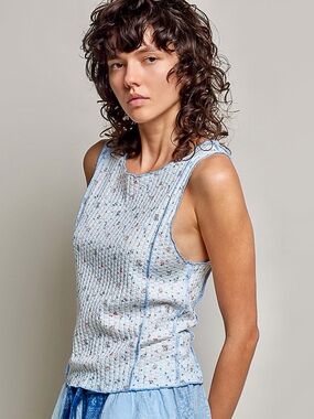 🩵Hello Gorgeous! POL Seam detail Floral Round Neck Ribbed Tank- Blue Multi